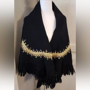 Vtg 50's Mico Feduchi Spain Felt Wool Sequin Beaded Yarn Fringe Shawl Wrap